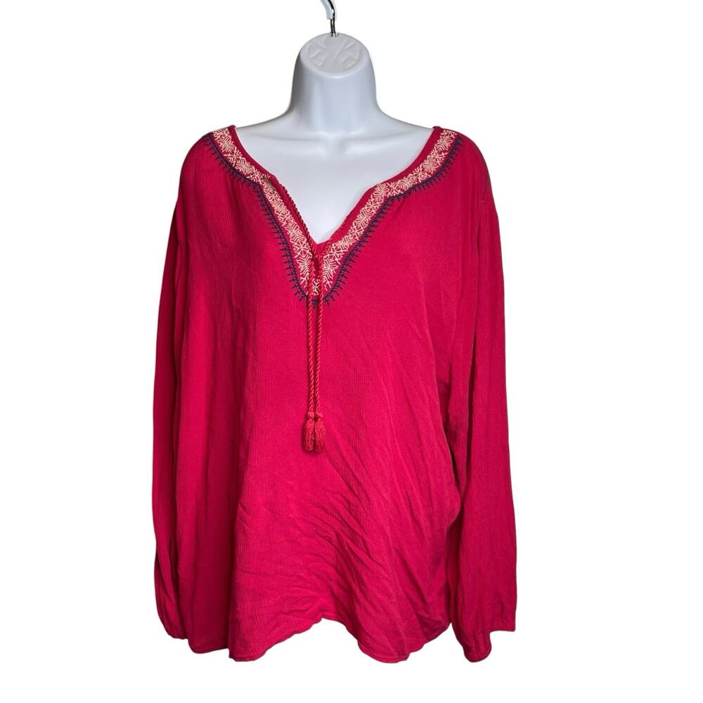 Gap Women's Pink Embroidered Peasant Blouse Size XXL Tassels Boho Festival Indie